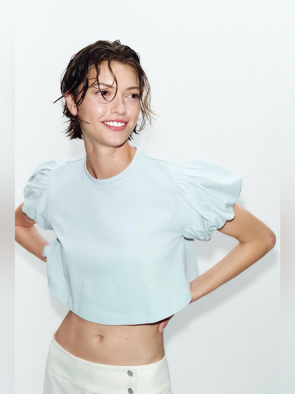 Zara Powder Blue Puff Sleeve Crop Top